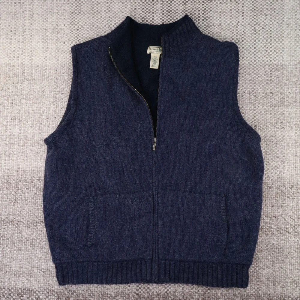 LL Bean Mens XL Lambswool Blend Full Zip Fleece Lined Sweater Vest Navy Blue